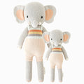 Evan the elephant in the regular and little sizes, shown from the front. Evan is wearing peach overalls with rainbow stripes on the top part.
