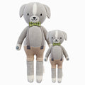 Noah the dog in the regular and little sizes, shown from the front. Noah is wearing brown shorts, gray suspenders and a green bow tie.