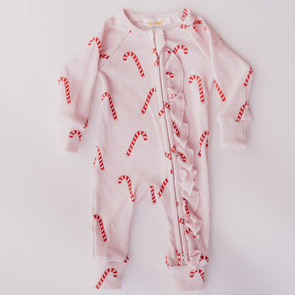 Frill Zip Romper | Pink Candy Cane Waffle