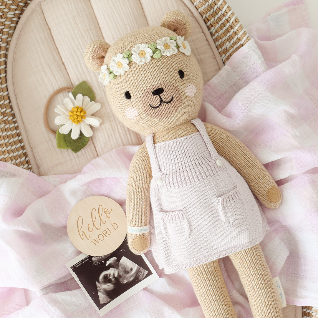 Olivia the honey bear lying in a wicker bassinet, next to an ultrasound photo and a small wooden sign with text that says "hello world"