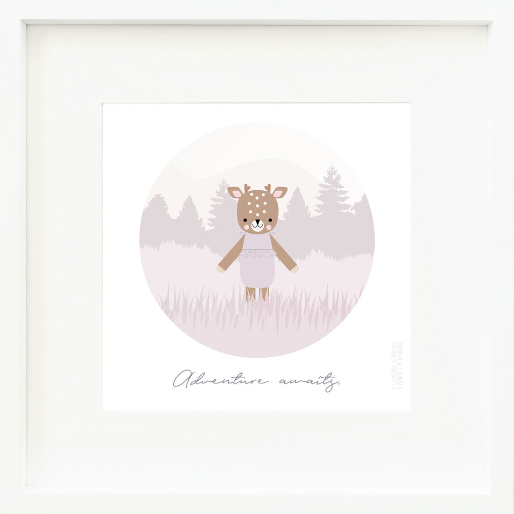 An inspirational print with a graphic of Violet the fawn standing in a purple forest. Below the drawing on a white background are the words “Adventure awaits” in dark gray.