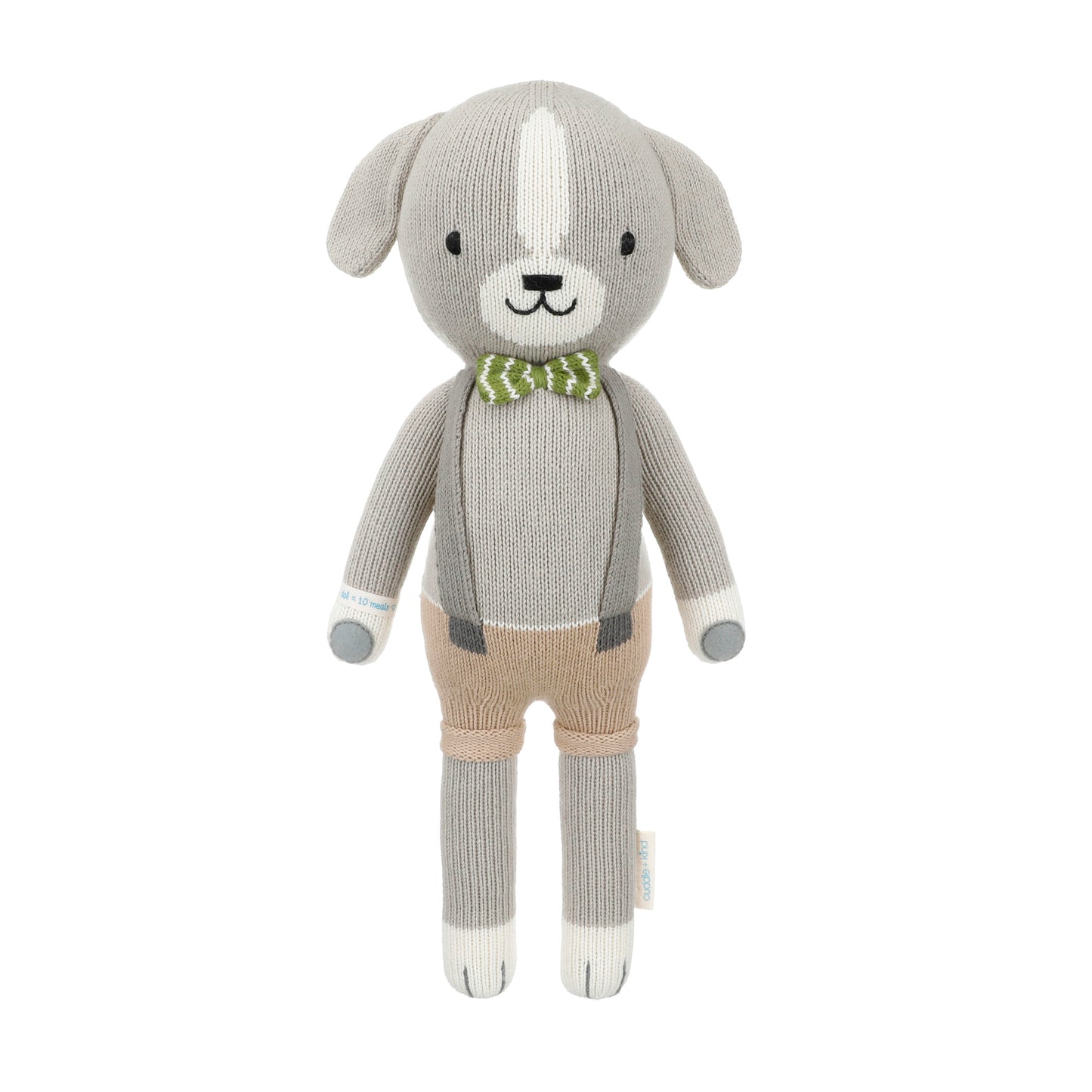 Noah the dog shown from 360°. Noah is wearing brown shorts, gray suspenders and a striped green and white bow tie.