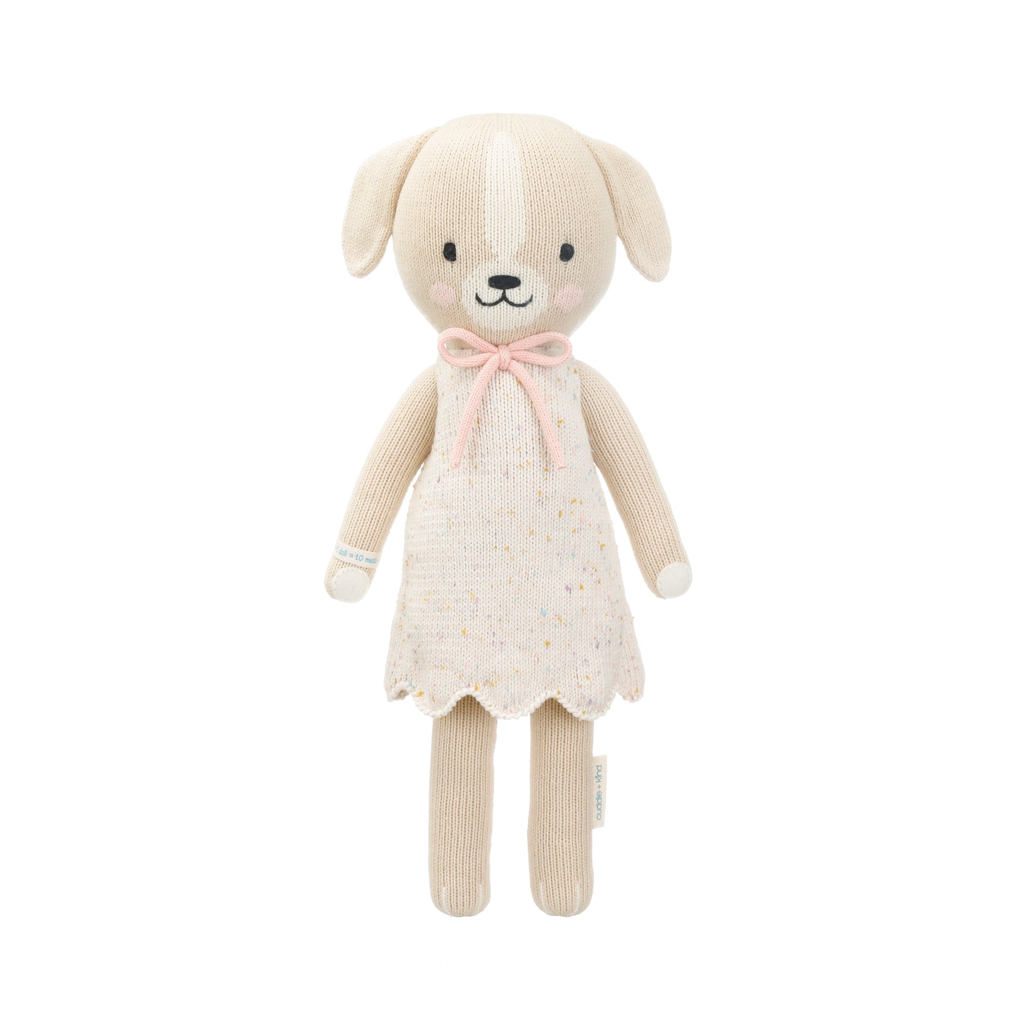 Mia the dog shown from 360°. Mia is wearing a white dress with confetti polka dots and a white confetti bow.