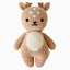 A cuddle and kind doll from the baby animal collection, baby fawn, shown from the front. Baby fawn is brown with a white tummy, little white dots on their head and teensy antlers.