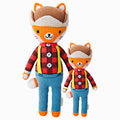 Wyatt the fox in the regular and little sizes, shown from the front. Wyatt has a brown winter hat, a plaid shirt with yellow suspenders, and blue pants.