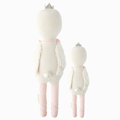 Cuddle and kind doll Harlow the swan in the regular and little sizes, shown from the back.