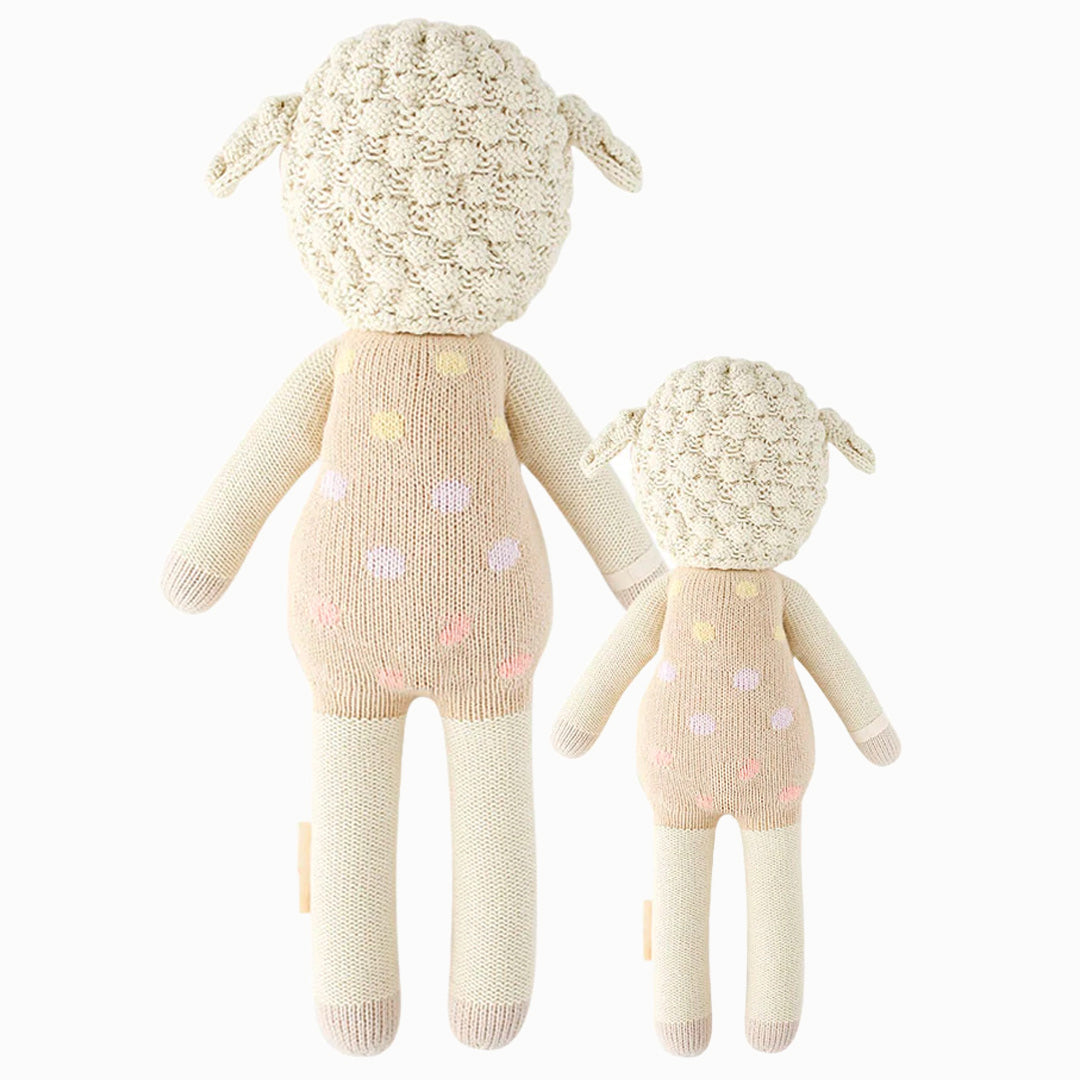 Cuddle and kind doll Lucy the lamb in the regular and little sizes, shown from the back.