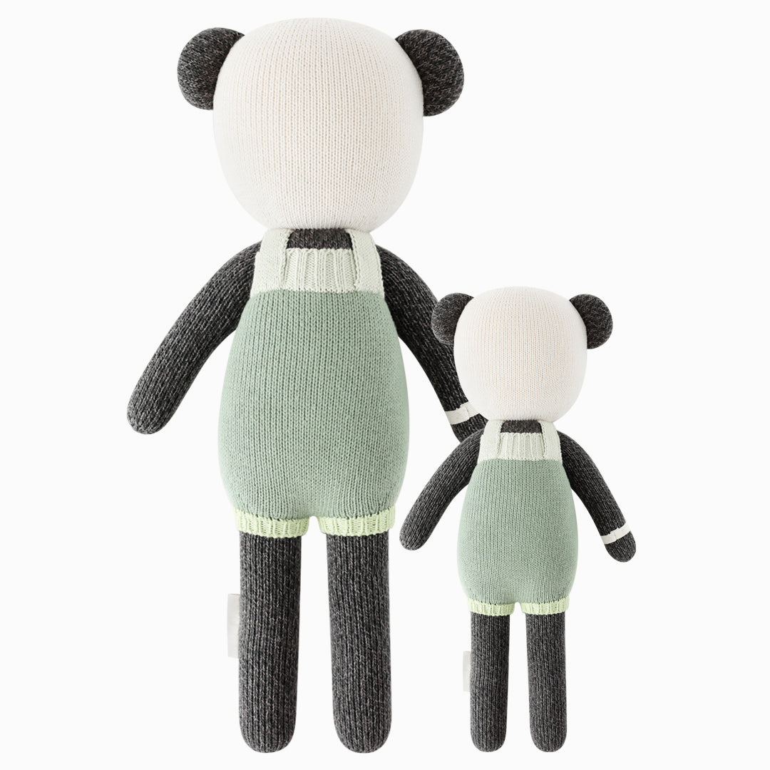 Cuddle and kind stuffed doll Paxton the panda in the regular and little sizes, shown from the back.