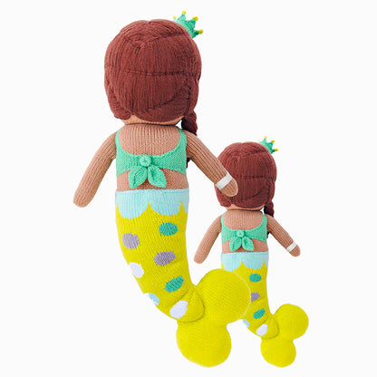 Cuddle and kind doll Pearl the mermaid in the regular and little sizes, shown from the back.