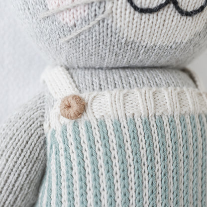 A close-up showing hand-knit details on Dylan the kitten, including a knitted button.