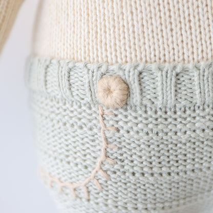 A close-up showing hand-knit details on Sawyer the lion, including a hand-knit button on his shorts.