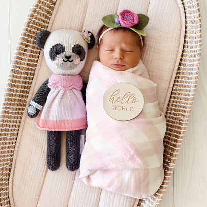 Polly the panda in a bassinet beside a sleeping, swaddled baby. The baby is wearing a felt, floral headband.