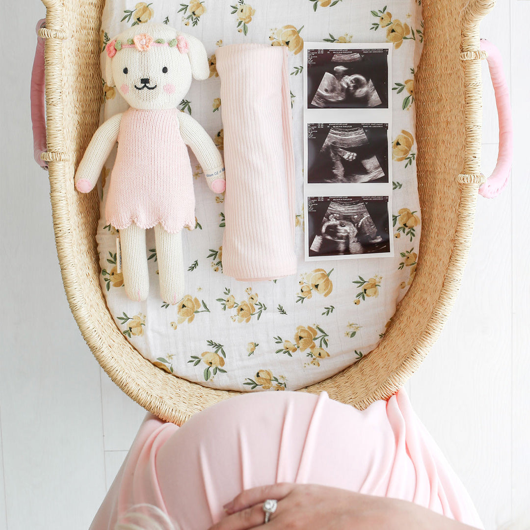 Charlotte the dog lying in a wicker bassinet beside a rolled receiving blanket and several ultrasound images. A woman holding her baby bump can be seen above the bassinet.