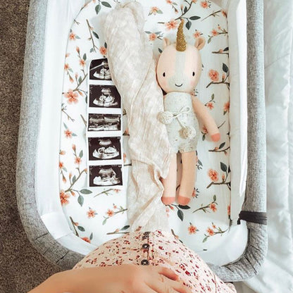 Ella the unicorn laying in a baby bassinet, alongside a rolled receiving blanket and several ultrasound images. A woman holding her baby bump can be seen beside the bassinet.