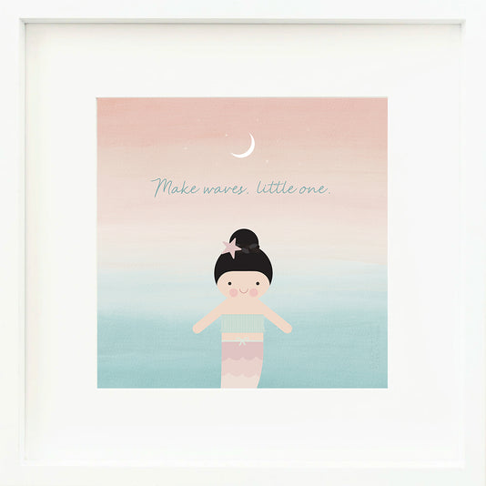 An inspirational print with a graphic of Luna the mermaid and the words “Make waves, little one” in blue. The background has a blue and pink gradient pattern and a moon icon.