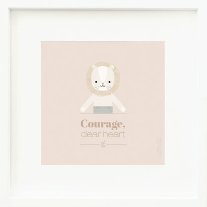 A framed print with a drawing of Sawyer the lion and text that says “Courage, dear heart.”