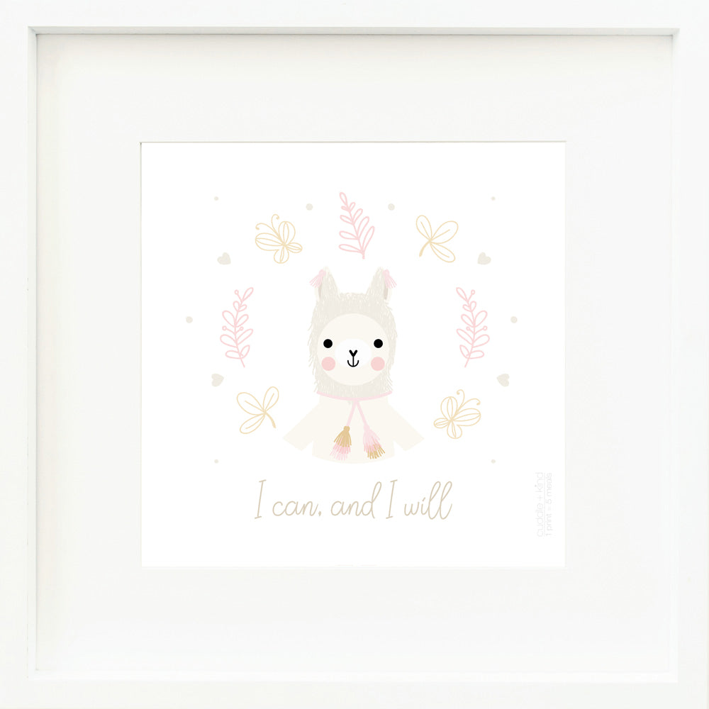 A framed print with a drawing of Lola the llama and text that says “I can, and I will.”