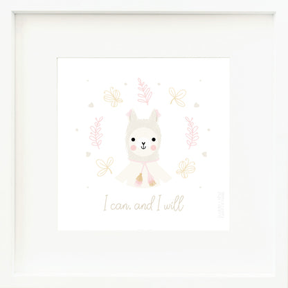 A framed print with a drawing of Lola the llama and text that says “I can, and I will.”