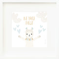 An inspirational print with a graphic of Lucas the llama with his arms in the air, on a white background with heart drawings and the words “Be nice first” in yellow.
