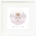 An inspirational print with a graphic of Violet the fawn standing in a purple forest. Below the drawing on a white background are the words “Adventure awaits” in dark gray.
