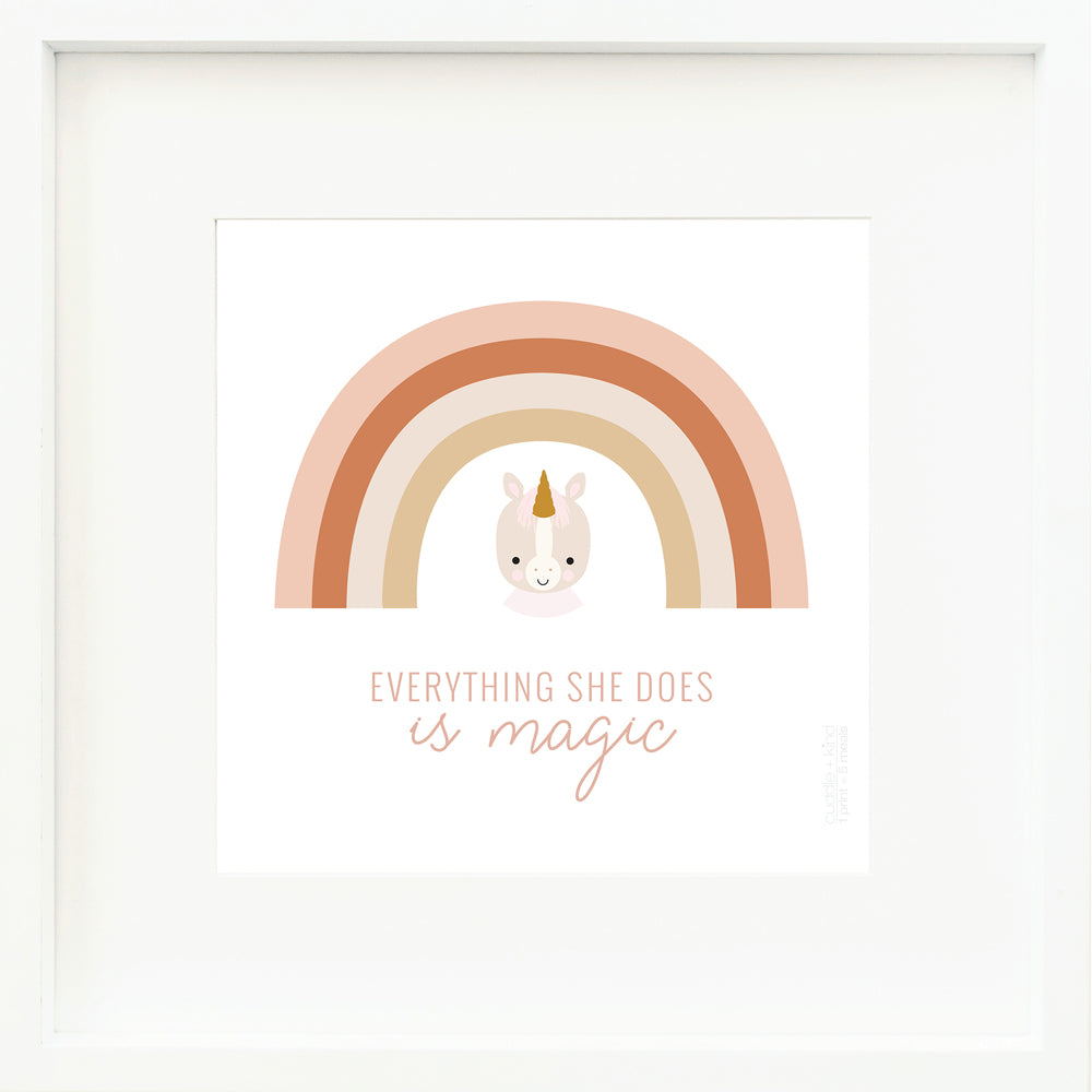 A framed print with a drawing of Zara the unicorn and text that says “Everything she does is magic.”