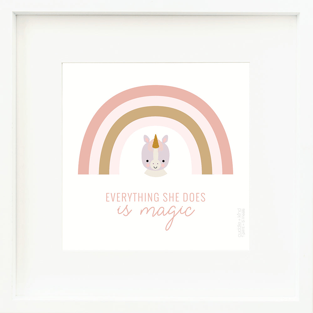 A framed print with a drawing of Zoe the unicorn and text that says “Everything she does is magic.”