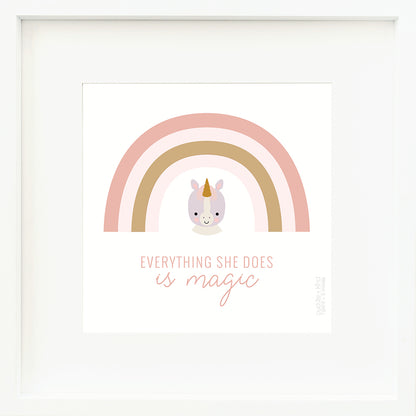 A framed print with a drawing of Zoe the unicorn and text that says “Everything she does is magic.”