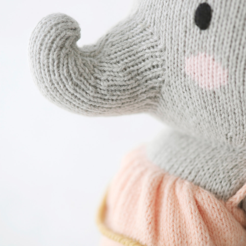 A close-up showing the hand-knit detail on Eloise’s elephant trunk.