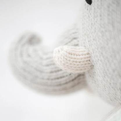 A close-up showing the hand-knit detail on Evan’s elephant trunk.