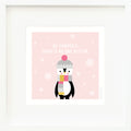 An inspirational print with a graphic of Aspen the penguin on a pink background with snowflakes and the words “Be yourself, there’s no one better” in white.