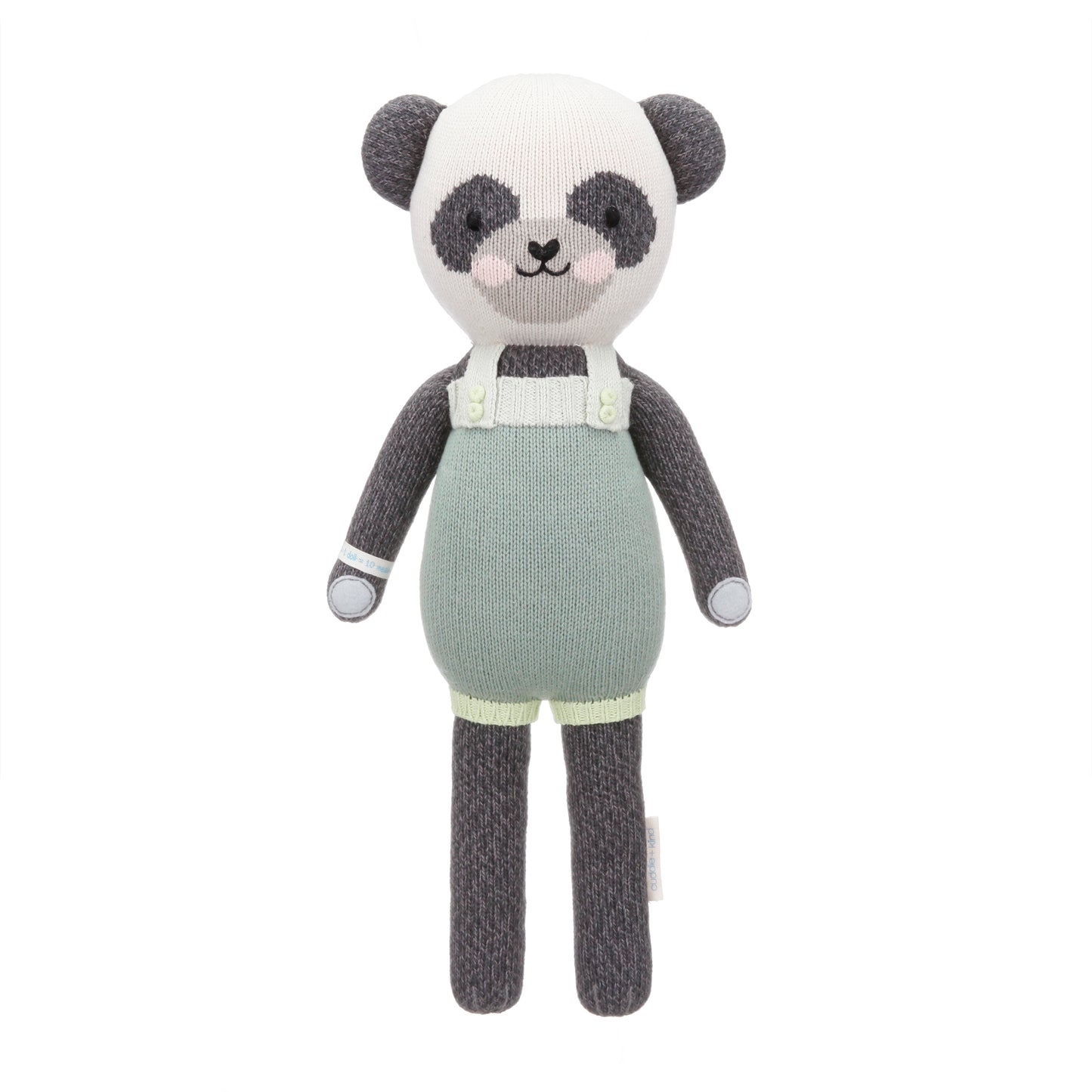 Paxton the panda shown from 360°. Paxton is wearing a green romper with chartreuse ribbed cuffs and knit buttons.