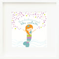 An inspirational print with a graphic of Isla the mermaid throwing purple and yellow heart-shaped confetti into the air on a white background with the words “Throw kindness around like confetti” in blue.