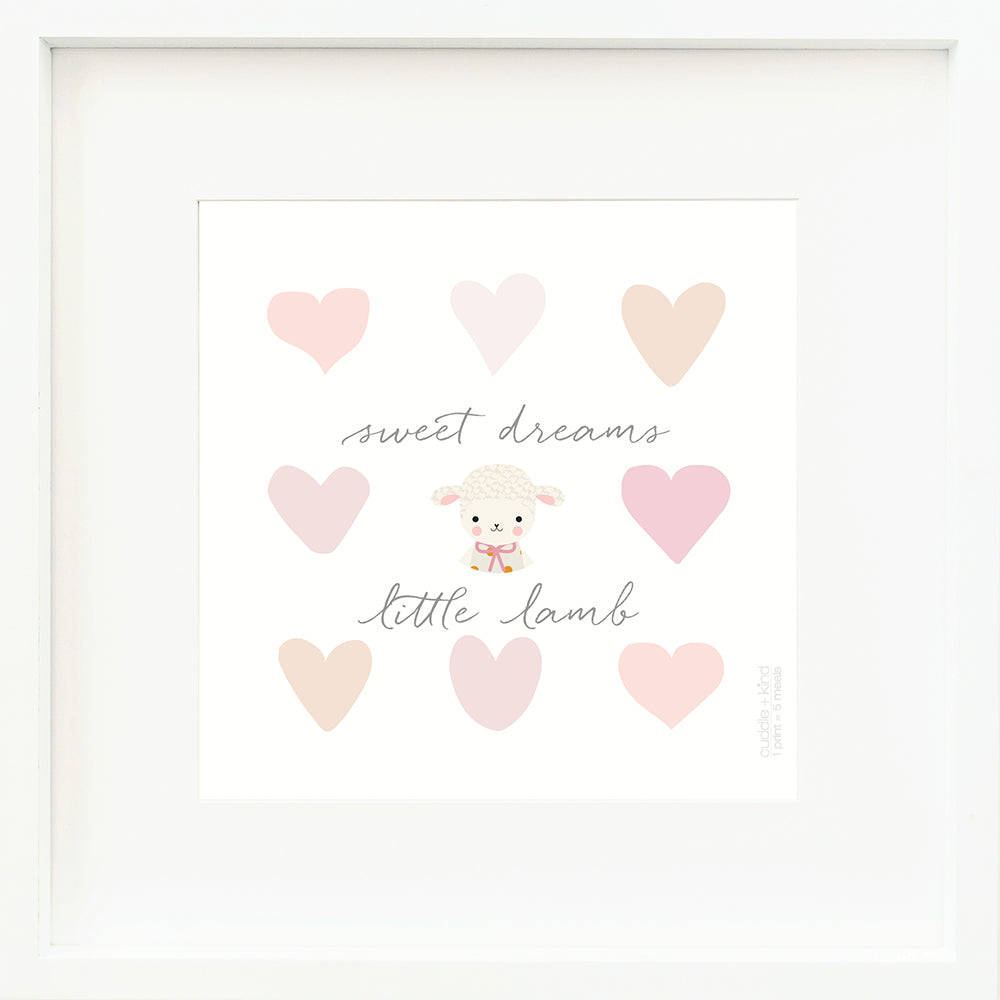 A framed print with a drawing of Lucy the lamb and text that says “Sweet dreams, little lamb.”