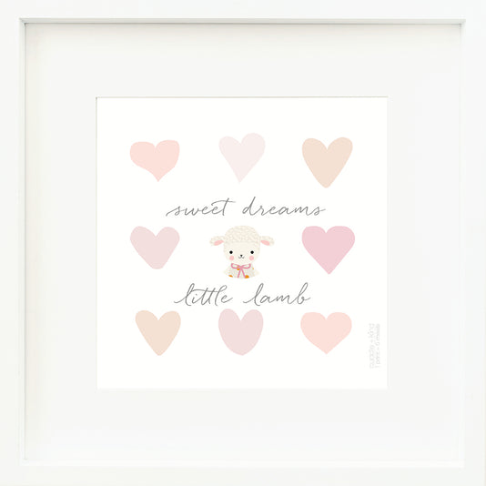 An inspirational print with a graphic of Lucy the lamb on a white background with hearts and the words “Sweet dreams little lamb” in dark gray.