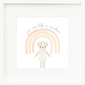 An inspirational print with a graphic of Mia the dog with the words “You are like a rainbow” in gray on a white background with a drawing of a rainbow.