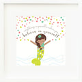 An inspirational print with a graphic of Pearl the mermaid throwing pink, green and yellow heart-shaped confetti into the air on a white background with the words “Anything is possible when you believe in yourself” in gray.
