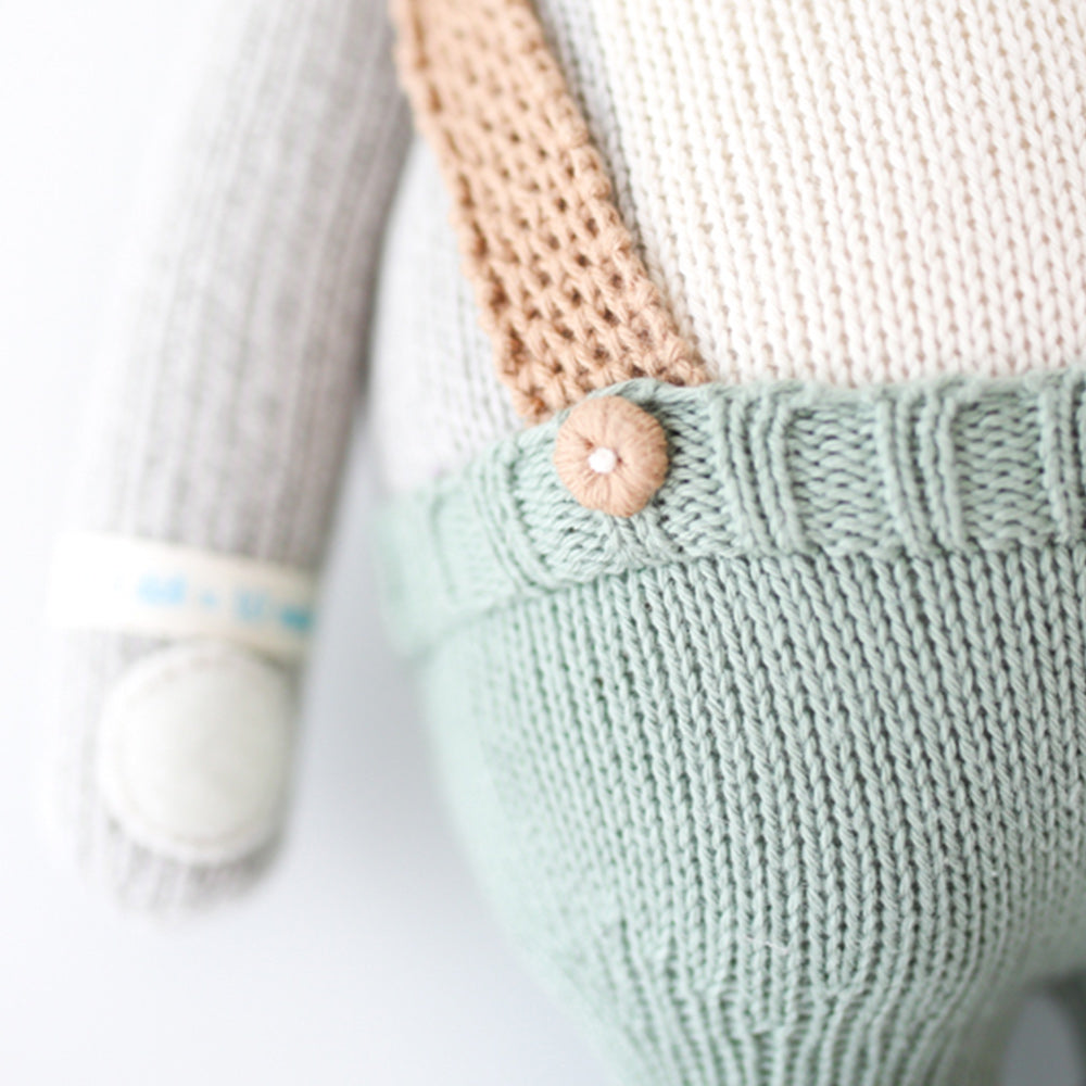 A close-up of Quinn the koala, showing a knitted button on his shorts.