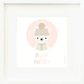 An inspirational print with a graphic of Stella the polar bear in a pink circle on a white background with the words “Believe in yourself” in pink and brown.