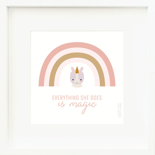 An inspirational print with a graphic of Zoe the unicorn on a white background with a pink and gold rainbow and the words “Everything she does is magic” in pink.